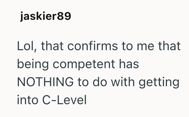 jaskier89 Lol, that confirms to me that being competent has NOTHING to do with getting into C-Level
