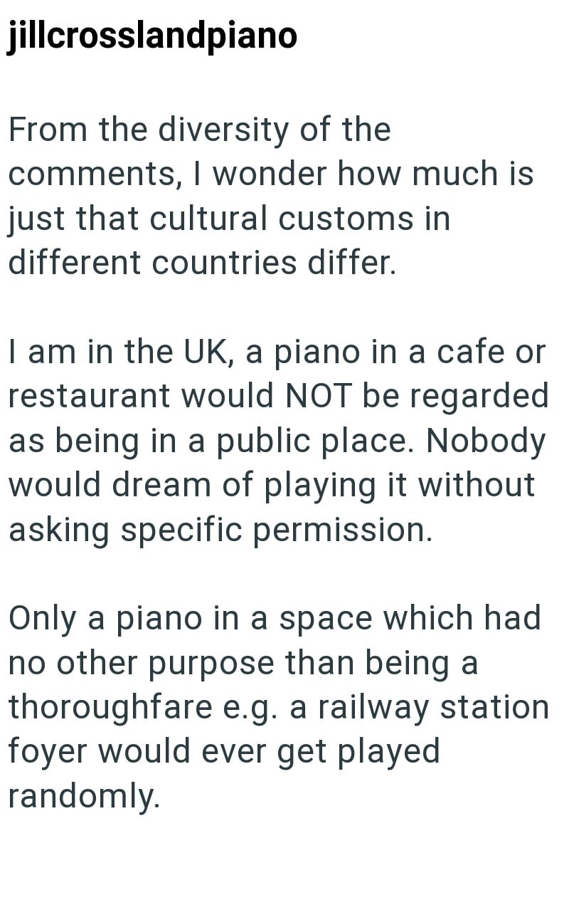 jillcrosslandpiano From the diversity of the comments, I wonder how much is just that cultural customs in different countries differ. I am in the UK, a piano in a cafe or restaurant would NOT be regarded as being in a public place. Nobody would dream of playing it without asking specific permission. Only a piano in a space which had no other purpose than being a thoroughfare e.g. a railway station foyer would ever get played randomly.