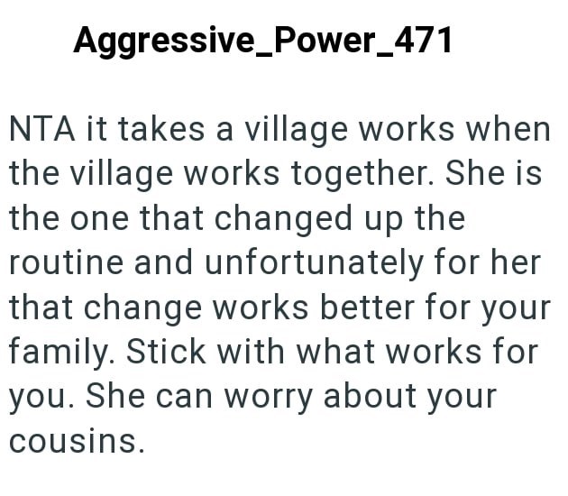 Aggressive_Power_471 NTA it takes a village works when the village works together. She is the one that changed up the routine and unfortunately for her that change works better for your family. Stick with what works for you. She can worry about your cousins.