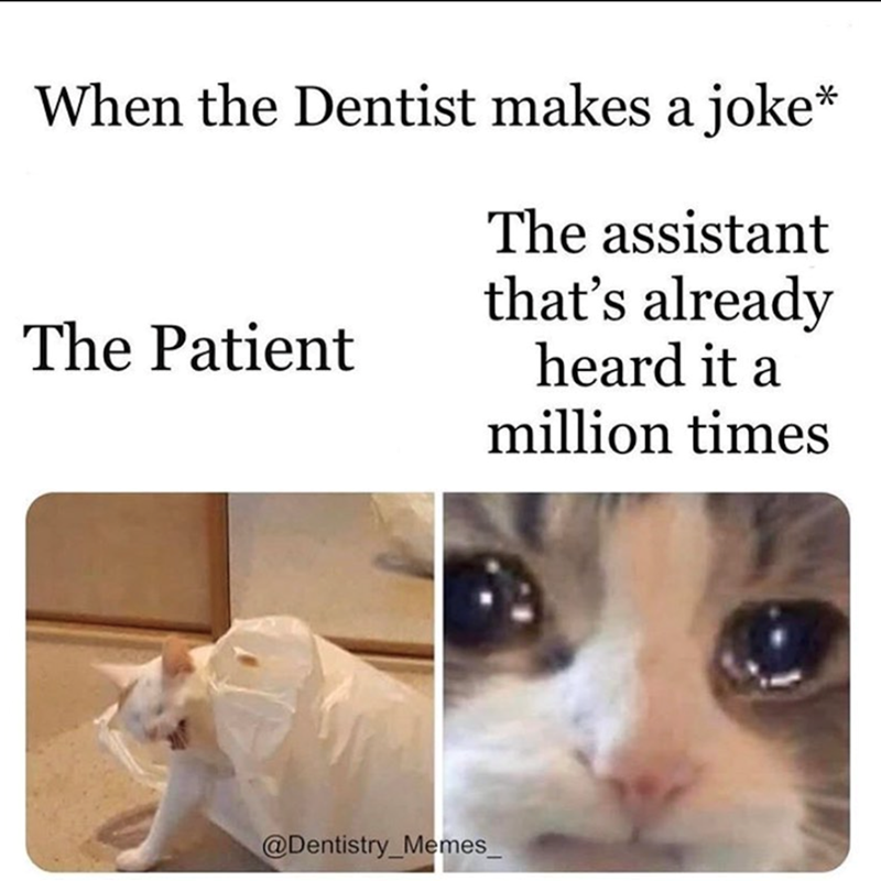 When the Dentist makes a joke* The Patient The assistant that's already heard it a million times @Dentistry_Memes