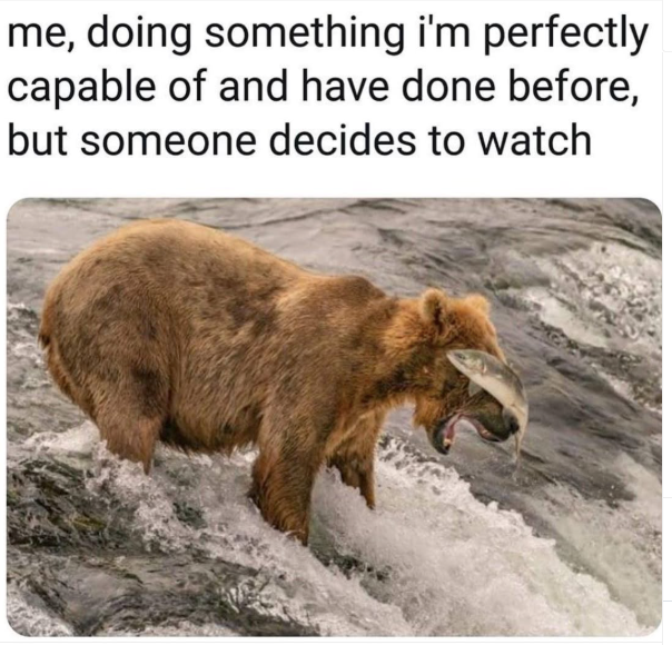 me, doing something i'm perfectly capable of and have done before, but someone decides to watch