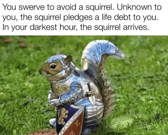 You swerve to avoid a squirrel. Unknown to you, the squirrel pledges a life debt to you. In your darkest hour, the squirrel arrives.