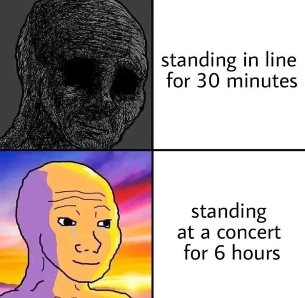 standing in line for 30 minutes standing at a concert for 6 hours
