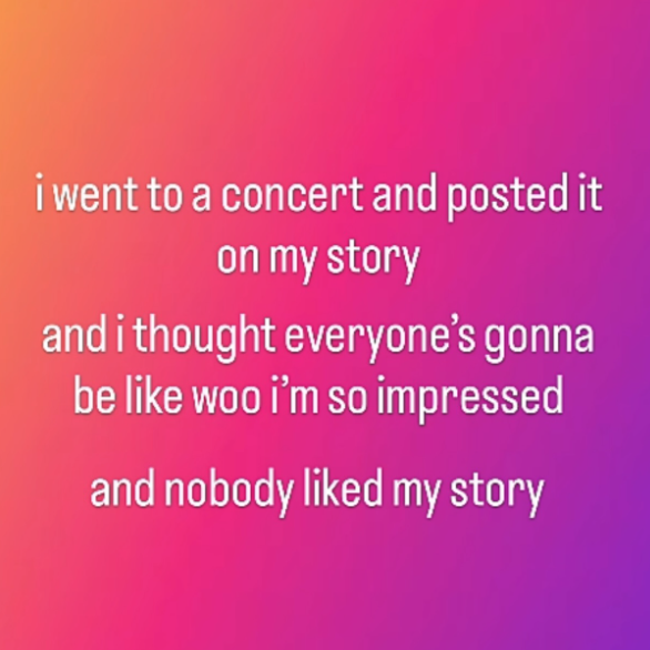 i went to a concert and posted it on my story and i thought everyone's gonna be like woo i'm so impressed and nobody liked my story