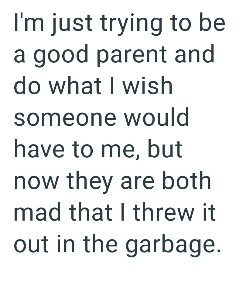 I'm just trying to be a good parent and do what I wish someone would have to me, but now they are both mad that I threw it out in the garbage.
