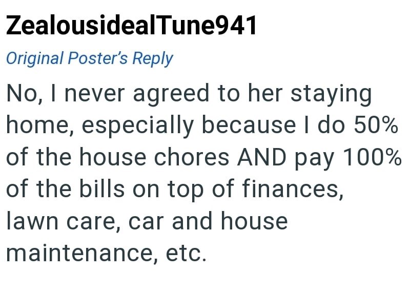 ZealousidealTune941 Original Poster's Reply No, I never agreed to her staying home, especially because I do 50% of the house chores AND pay 100% of the bills on top of finances, lawn care, car and house maintenance, etc.
