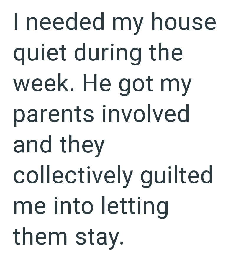 I needed my house quiet during the week. He got my parents involved and they collectively guilted me into letting them stay.