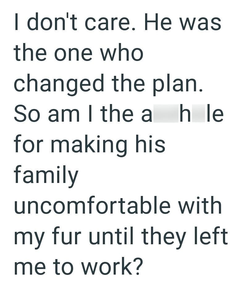 I don't care. He was the one who changed the plan. So am I the a hle for making his family uncomfortable with my fur until they left me to work?