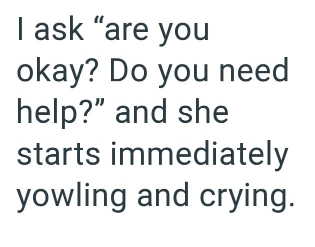 I ask "are you okay? Do you need help?" and she starts immediately yowling and crying.