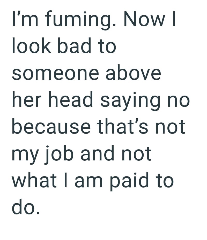 I'm fuming. Now I look bad to someone above her head saying no because that's not my job and not what I am paid to do.