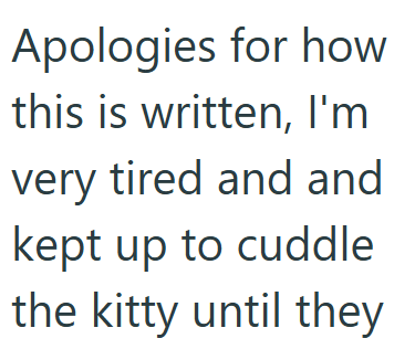 Apologies for how this is written, I'm very tired and and kept up to cuddle the kitty until they