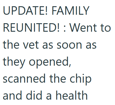 UPDATE! FAMILY REUNITED!: Went to the vet as soon as they opened, scanned the chip and did a health