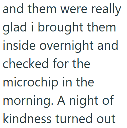 and them were really glad i brought them inside overnight and checked for the microchip in the morning. A night of kindness turned out