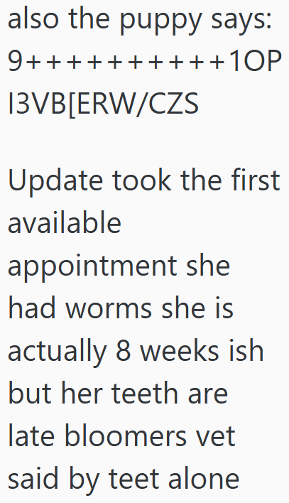 also the puppy says: 9+++ 13VB[ERW/CZS ++10P Update took the first available appointment she had worms she is actually 8 weeks ish but her teeth are late bloomers vet said by teet alone