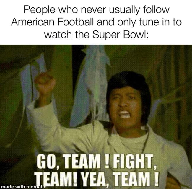 People who never usually follow American Football and only tune in to watch the Super Bowl: GO, TEAM! FIGHT, TEAM! YEA, TEAM! made with mematic