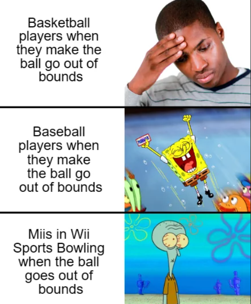 Basketball players when they make the ball go out of bounds Baseball players when they make the ball go out of bounds Miis in Wii Sports Bowling when the ball goes out of bounds