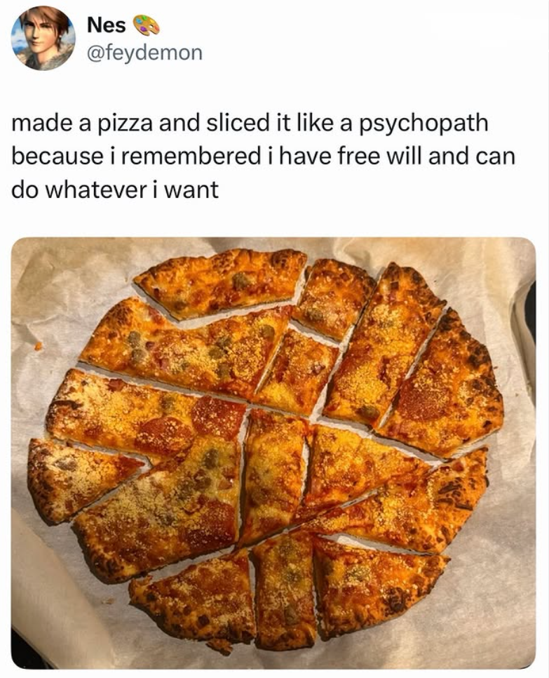 Nes @feydemon made a pizza and sliced it like a psychopath because i remembered i have free will and can do whatever i want