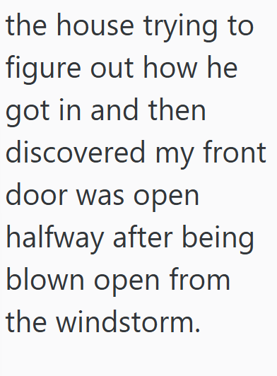 the house trying to figure out how he got in and then discovered my front door was open halfway after being blown open from the windstorm.