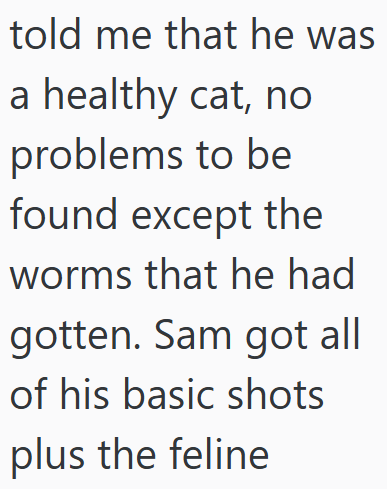 told me that he was a healthy cat, no problems to be found except the worms that he had gotten. Sam got all of his basic shots plus the feline