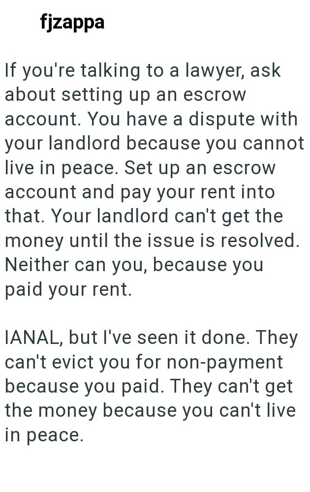 fjzappa If you're talking to a lawyer, ask about setting up an escrow account. You have a dispute with your landlord because you cannot live in peace. Set up an escrow account and pay your rent into that. Your landlord can't get the money until the issue is resolved. Neither can you, because you paid your rent. IANAL, but I've seen it done. They can't evict you for non-payment because you paid. They can't get the money because you can't live in peace.