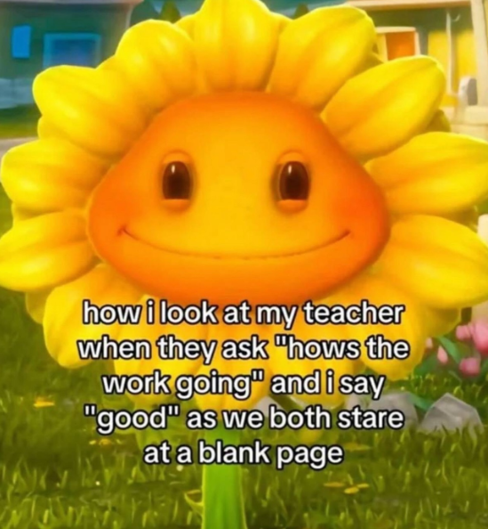 how i look at my teacher when they ask "hows the work going" and i say "good" as we both stare at a blank page