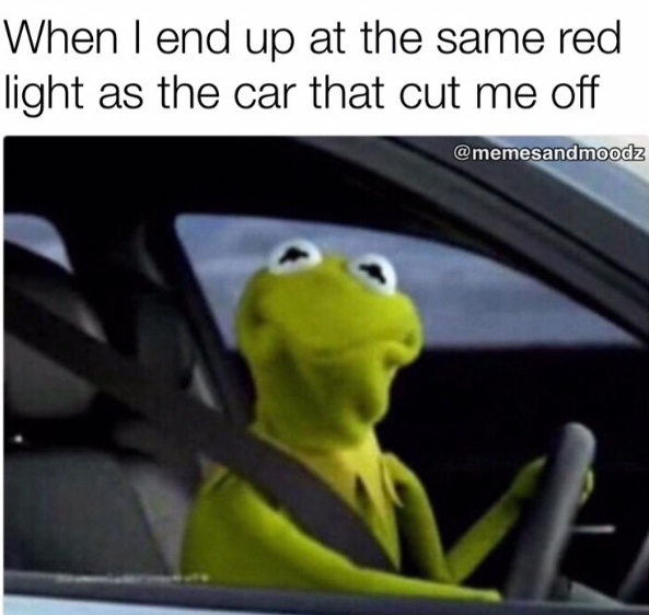 When I end up at the same red light as the car that cut me off @memesandmoodz