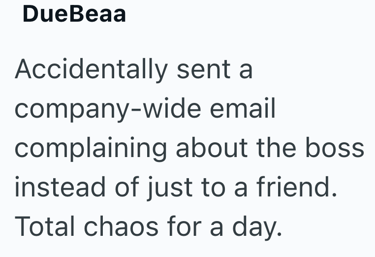 DueBeaa Accidentally sent a company-wide email complaining about the boss instead of just to a friend. Total chaos for a day.