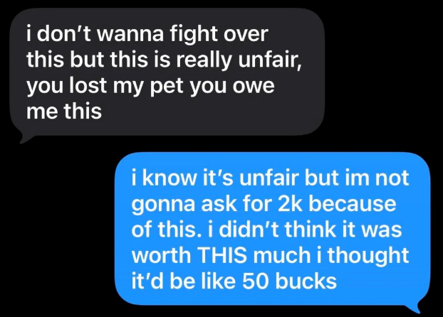 i don't wanna fight over this but this is really unfair, you lost my pet you owe me this i know it's unfair but im not gonna ask for 2k because of this. i didn't think it was worth THIS much i thought it'd be like 50 bucks