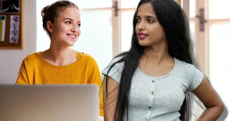 Teenager looks in disbelief at her friend, using a computer, who tried to get her to pay thousands of dollars for a virtual Roblox pet.