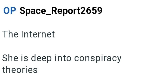 OP Space_Report2659 The internet She is deep into conspiracy theories