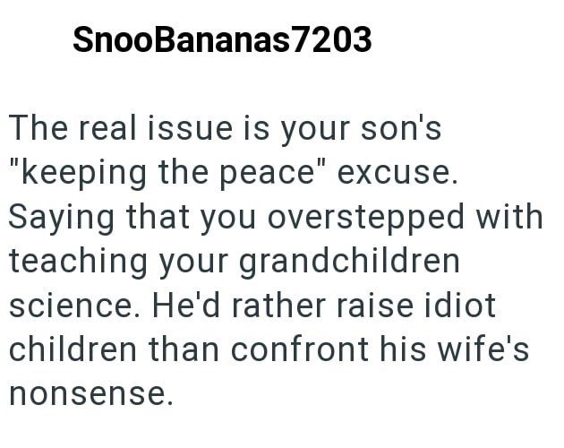 SnooBananas 7203 The real issue is your son's "keeping the peace" excuse. Saying that you overstepped with teaching your grandchildren science. He'd rather raise idiot children than confront his wife's nonsense.