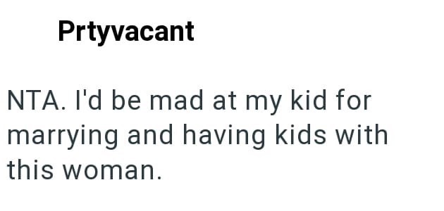 Prtyvacant NTA. I'd be mad at my kid for marrying and having kids with this woman.