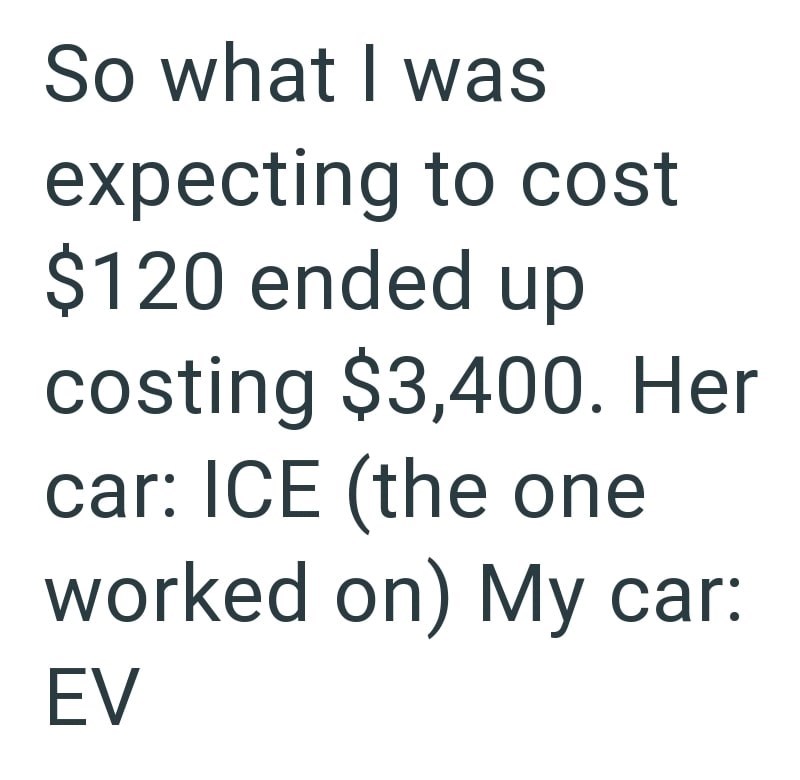 So what I was expecting to cost $120 ended up costing $3,400. Her car: ICE (the one worked on) My car: EV