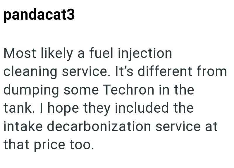 pandacat3 Most likely a fuel injection cleaning service. It's different from dumping some Techron in the tank. I hope they included the intake decarbonization service at that price too.