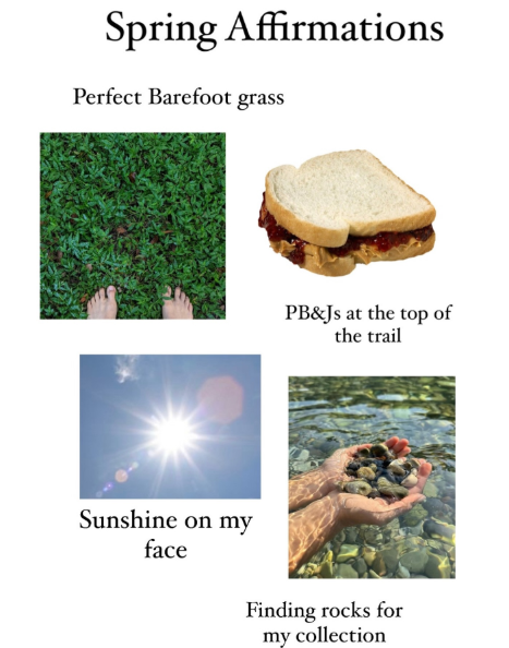 Spring Affirmations Perfect Barefoot grass PB&Js at the top of the trail Sunshine on my face Finding rocks for my collection