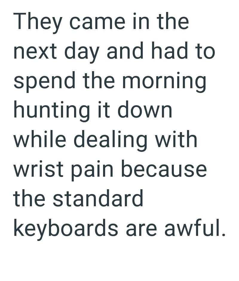 They came in the next day and had to spend the morning hunting it down while dealing with wrist pain because the standard keyboards are awful.