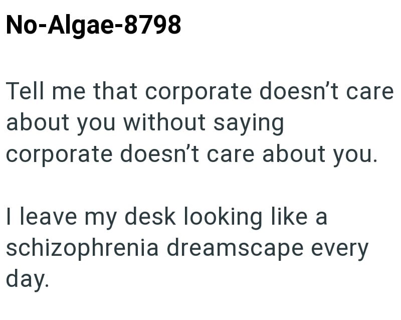 No-Algae-8798 Tell me that corporate doesn't care about you without saying corporate doesn't care about you. I leave my desk looking like a schizophrenia dreamscape every day.