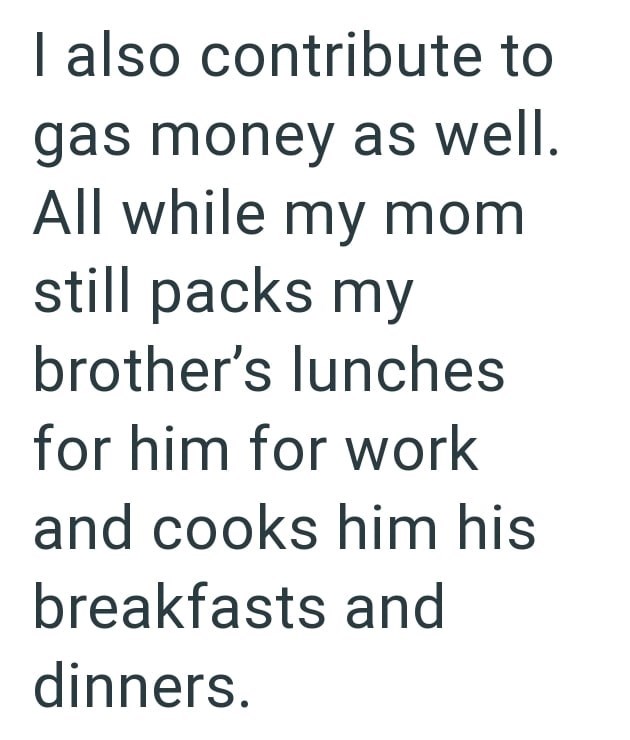I also contribute to gas money as well. All while my mom still packs my brother's lunches for him for work and cooks him his breakfasts and dinners.