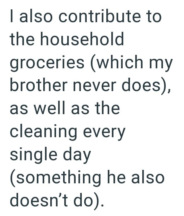 I also contribute to the household groceries (which my brother never does), as well as the cleaning every single day (something he also doesn't do).