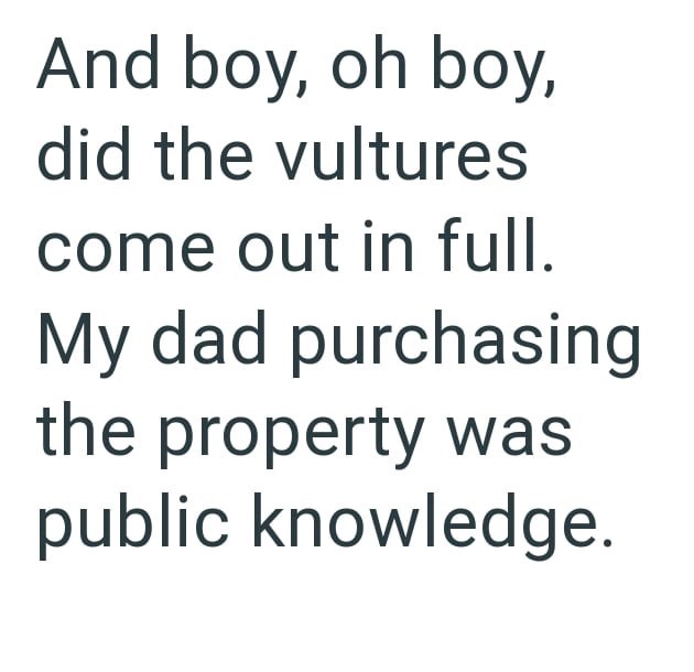 And boy, oh boy, did the vultures come out in full. My dad purchasing the property was public knowledge.