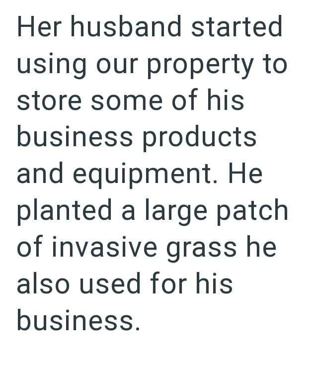 Her husband started using our property to store some of his business products and equipment. He planted a large patch of invasive grass he also used for his business.