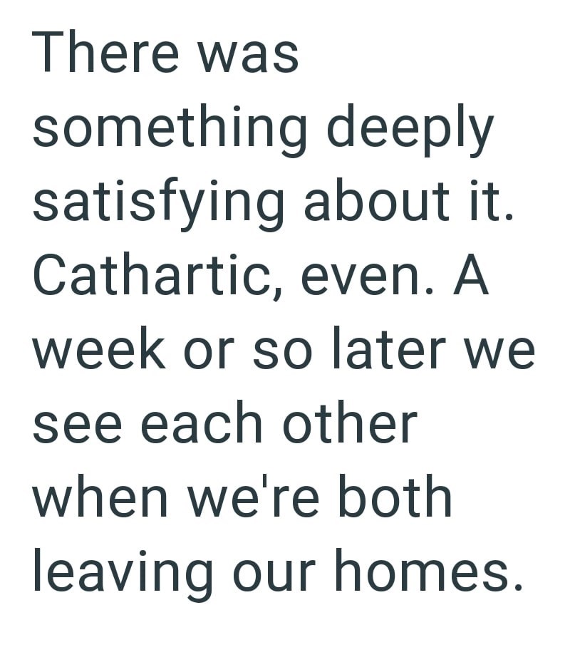 There was something deeply satisfying about it. Cathartic, even. A week or so later we see each other when we're both leaving our homes.