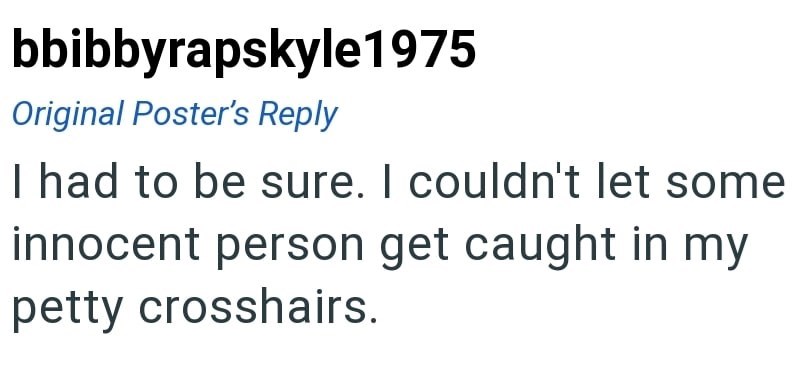bbibbyrapskyle1975 Original Poster's Reply I had to be sure. I couldn't let some innocent person get caught in my petty crosshairs.