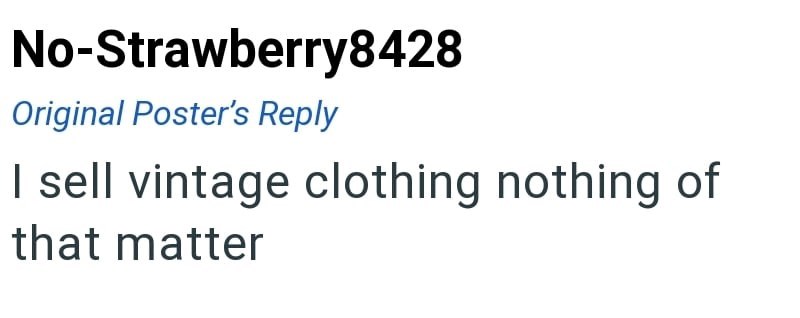 No-Strawberry8428 Original Poster's Reply I sell vintage clothing nothing of that matter