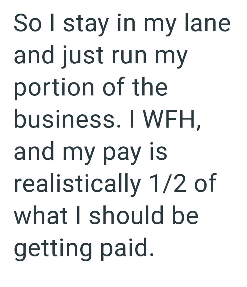 So I stay in my lane. and just run my portion of the business. I WFH, and my pay is realistically 1/2 of what I should be getting paid.