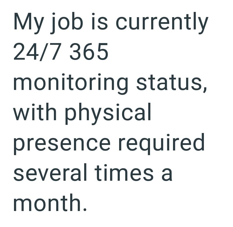My job is currently 24/7 365 monitoring status, with physical presence required several times a month.