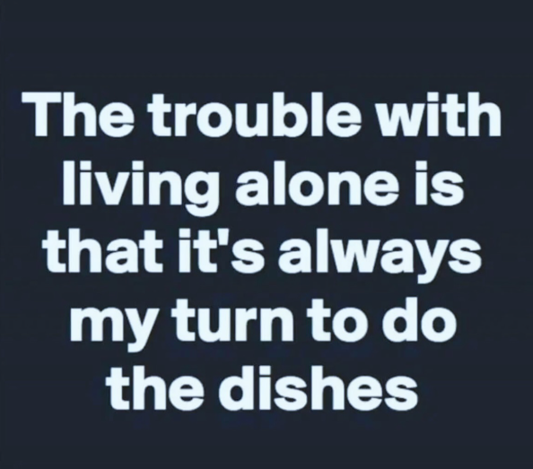 The trouble with living alone is that it's always my turn to do the dishes