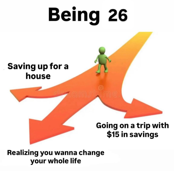 Being 26 Saving up for a house damstime. Going on a trip with $15 in savings Realizing you wanna change your whole life