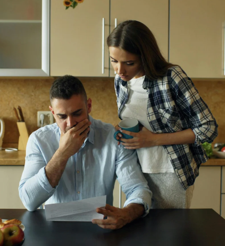 Married couple having a disagreement about finances and design in their kitchen.