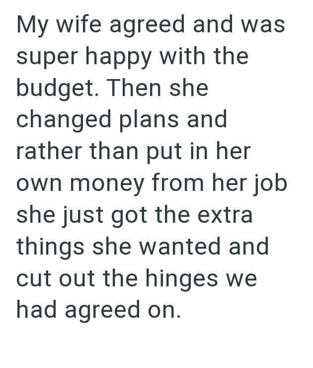 My wife agreed and was super happy with the budget. Then she changed plans and rather than put in her own money from her job she just got the extra things she wanted and cut out the hinges we had agreed on.